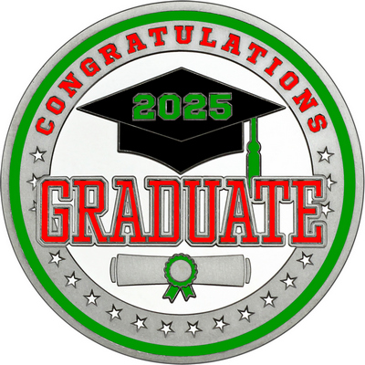 Red "Congratulations Graduate" with Green 2025, Rim, Tassel & Ribbon